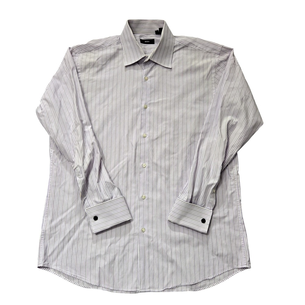 Hugo‎ Boss Dress Shirt Mens 16.5 32/33 Purple White Stripe French Cuff